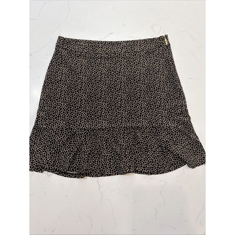 Michael Kors Stretch Ruffle Mini Skirt Black Brown Animal Print Size Medium